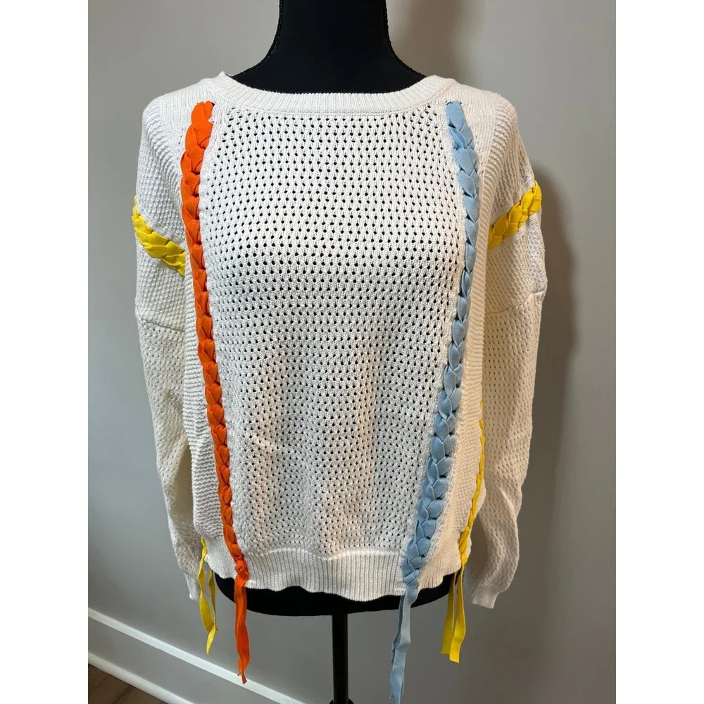 Gabby Isabella White‎ Cotton Knit Rainbow Ribbon Lace Up Sweater L Spring Easter